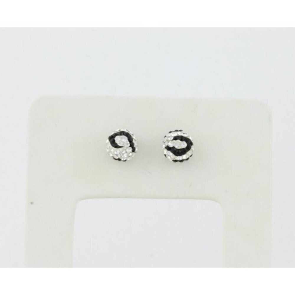 14k White Gold Black & White Crystal Stud Earrings Sparkly Ball - Picture 7 of 9